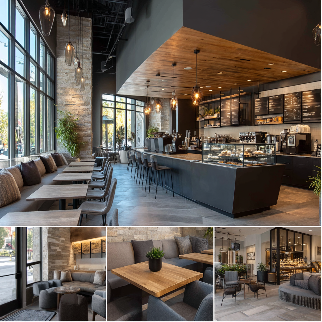 Modern commercial coffee shop interior in Covina featuring a main seating area, specialty coffee bar, lounge space, and grab-and-go retail corner