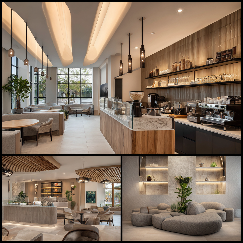 Modern coffee shop interior in Cypress featuring a main seating area, custom coffee bar, social lounge, and grab-and-go retail corner
