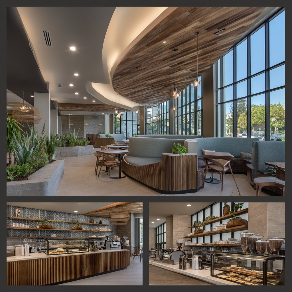 Modern coffee shop interior in Fountain Valley featuring a main seating area, espresso bar, social lounge, and grab-and-go retail section