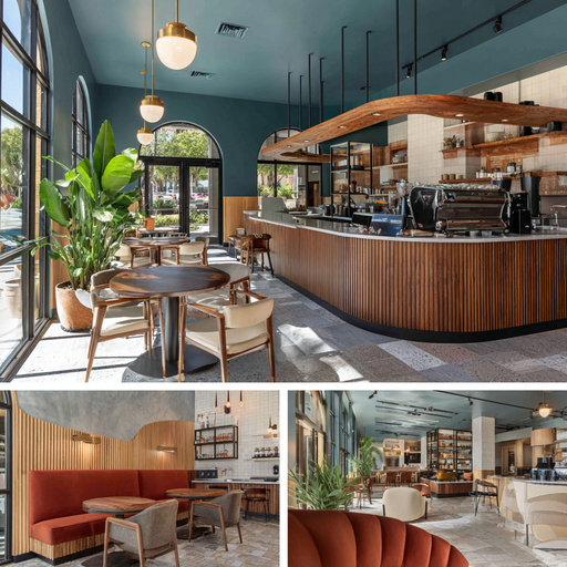 Modern coffee shop interior in Fullerton featuring a main seating area, espresso bar, lounge seating, and grab-and-go retail corner
