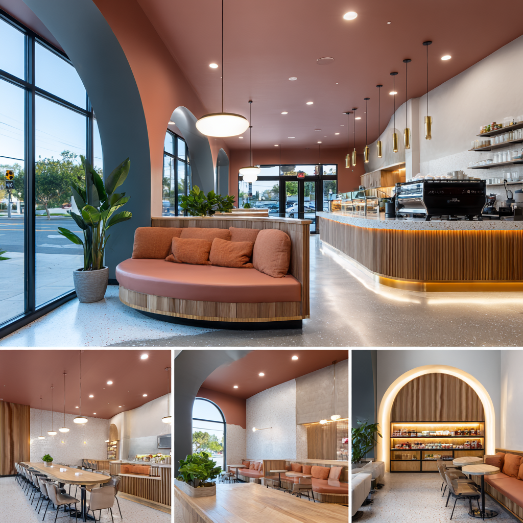 Modern coffee shop interior in Garden Grove featuring a main seating area, espresso bar, social lounge, and grab-and-go retail corner