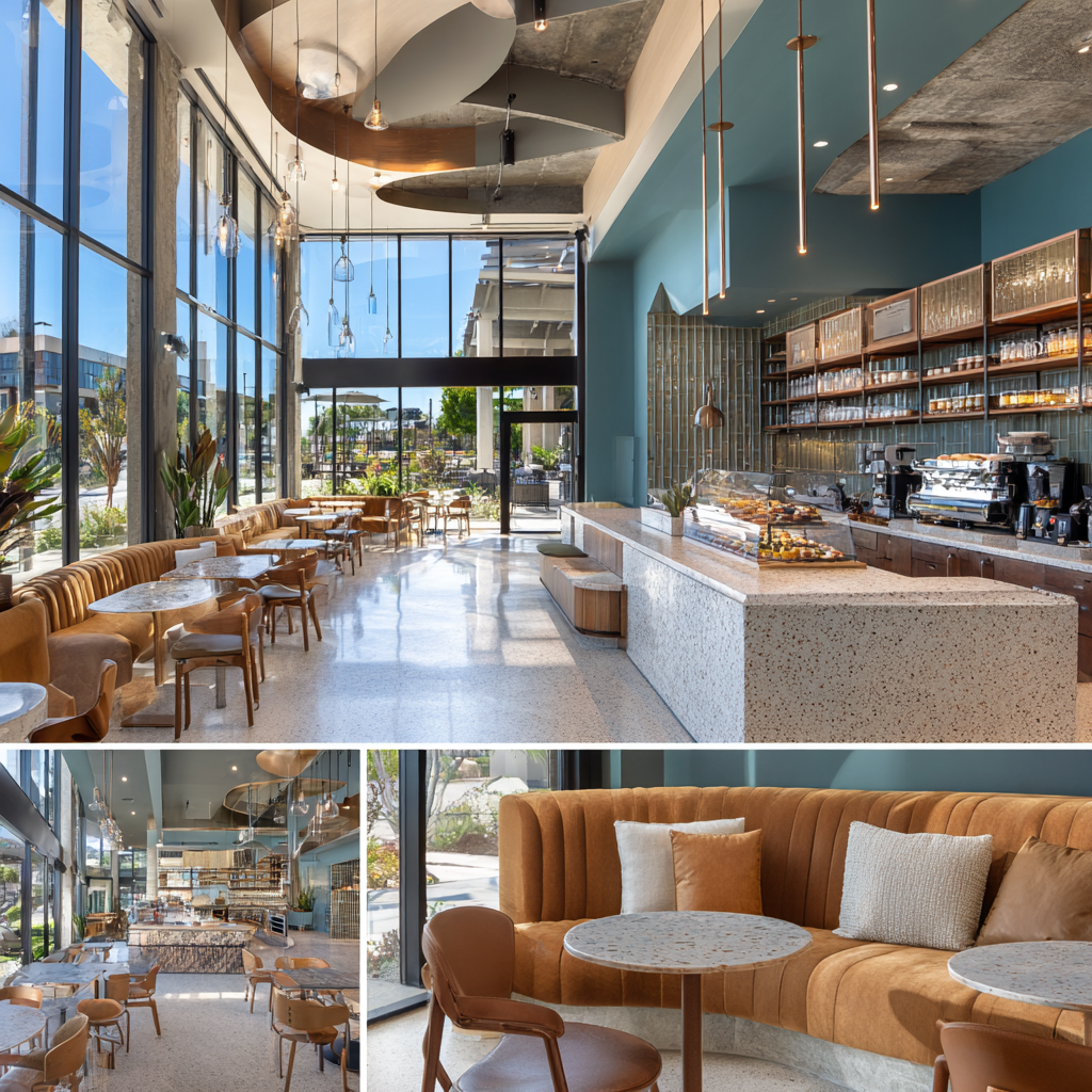Modern coffee shop interior in Irvine featuring a main seating area, espresso bar, social lounge, and grab-and-go retail corner