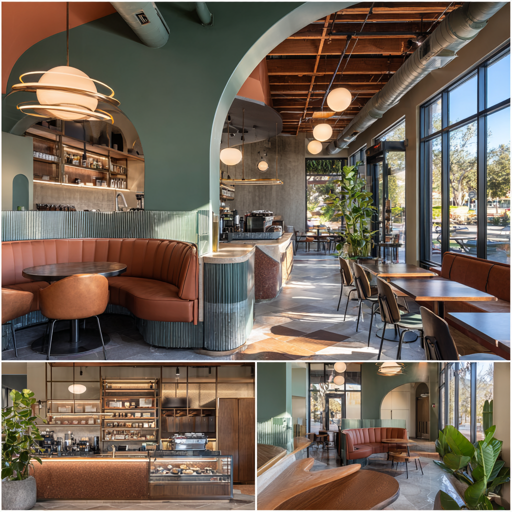 Modern coffee shop interior in La Habra featuring a main seating area, espresso bar, social lounge, and grab-and-go retail corner