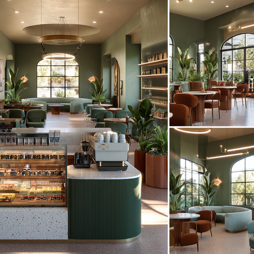 Modern coffee shop interior collage in La Verne featuring a main seating area, espresso bar, social lounge, and grab-and-go retail corner
