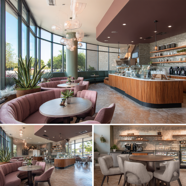 Modern coffee shop interior in Laguna Hills featuring a main seating area, espresso bar, social lounge, and grab-and-go retail corner