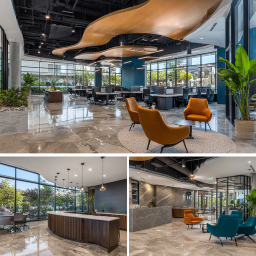 Modern colorful corporate office in Fullerton with collaborative workspaces, glass meeting room, stylish reception, and premium lounge