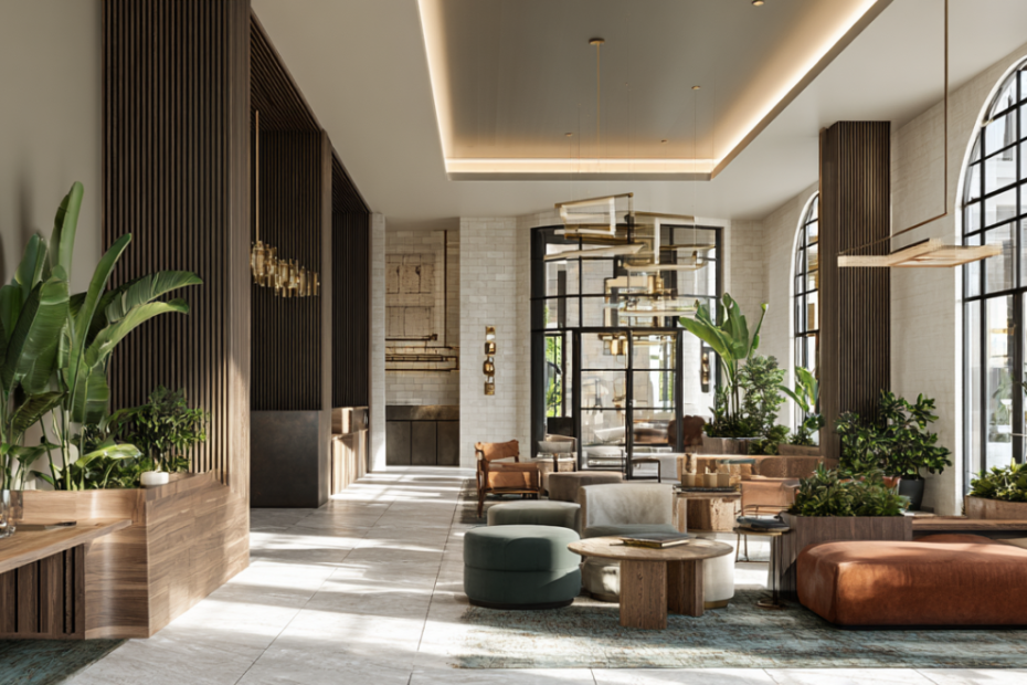 Commercial interior design process showing floor plans, material selections, space planning, and a finished modern California commercial interior