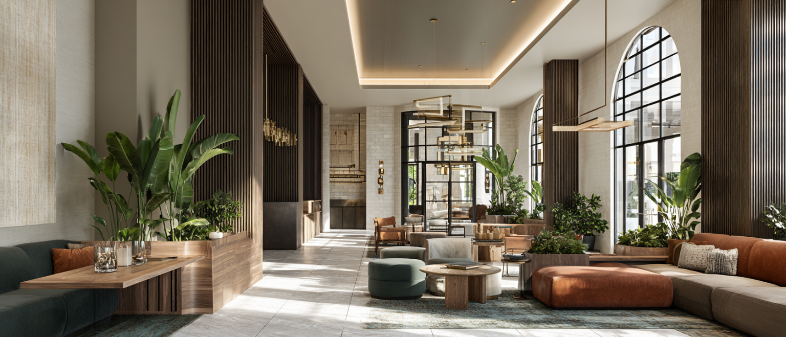 Commercial interior design process showing floor plans, material selections, space planning, and a finished modern California commercial interior