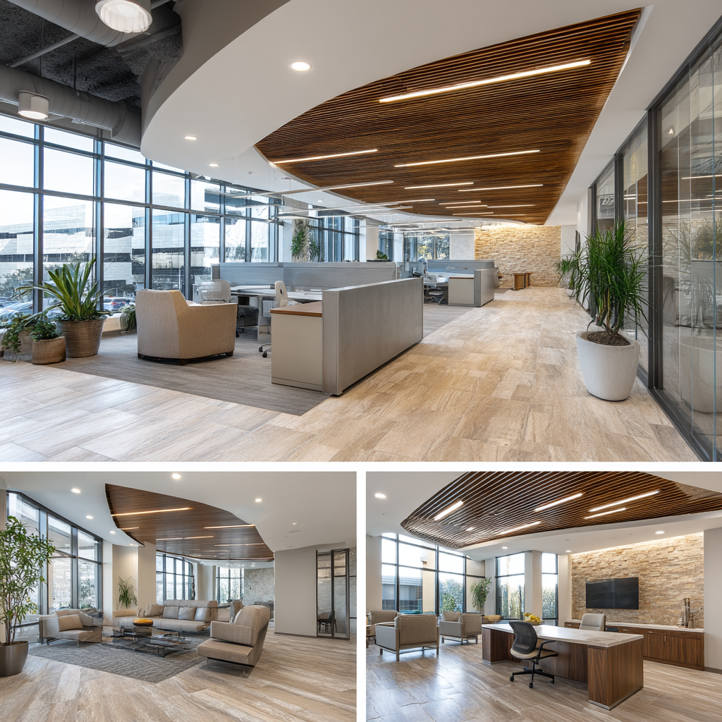 Modern commercial office interior in Covina featuring an open workspace, reception area, executive meeting room, and employee lounge