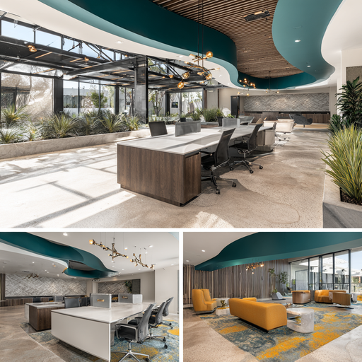 Modern commercial office interior in Garden Grove featuring an open workspace, reception lounge, executive conference room, and colorful employee break area