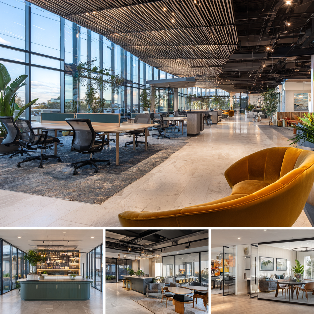 Modern commercial office interior in Huntington Beach featuring an open workspace, reception lounge, glass conference room, and employee coffee area