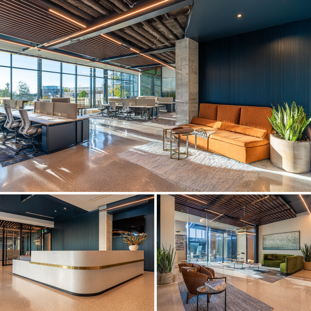 Modern commercial office interior in La Habra featuring an open workspace, reception area, executive conference room, and employee lounge