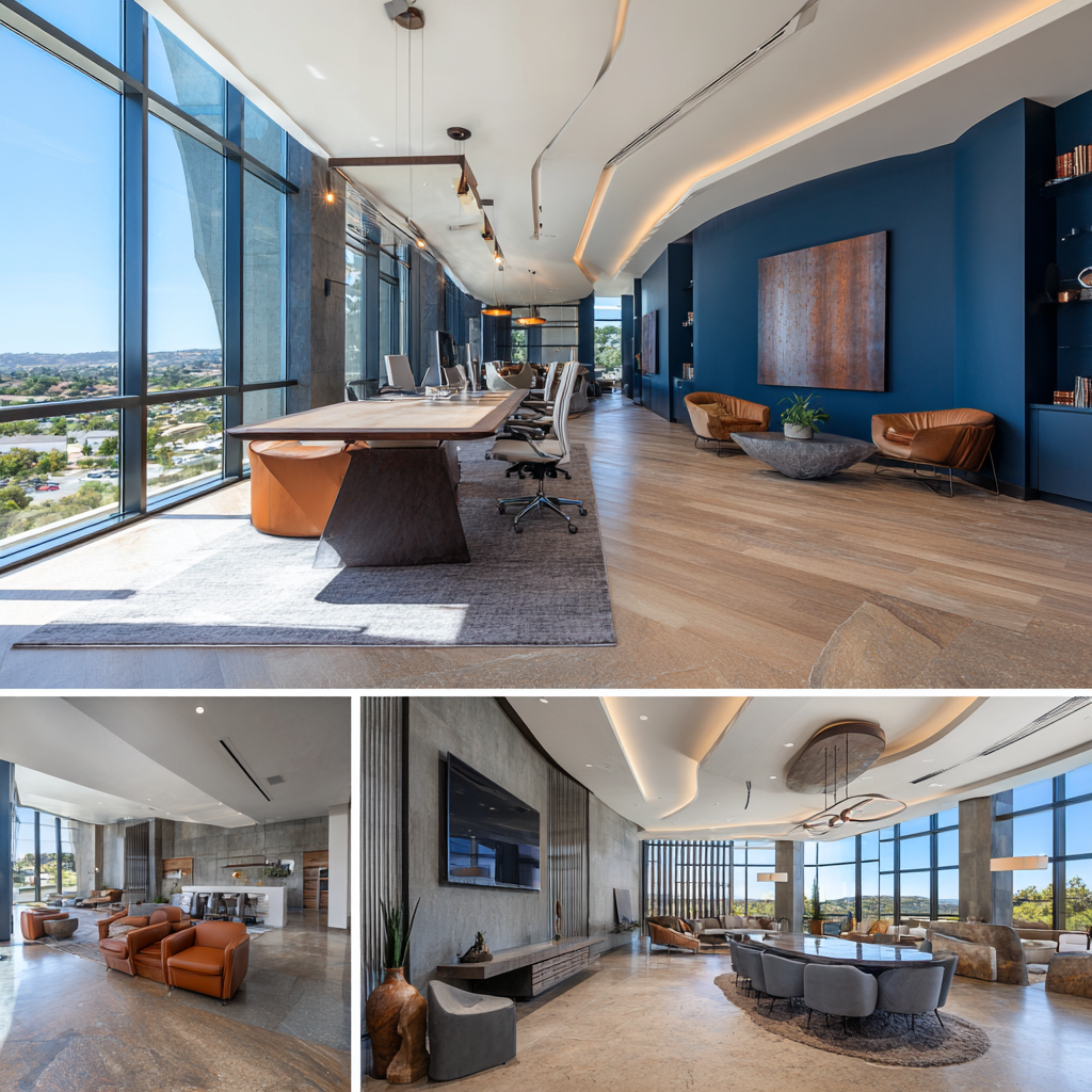Modern commercial office interior in Laguna Hills featuring an open workspace, reception area, executive conference room, and employee lounge