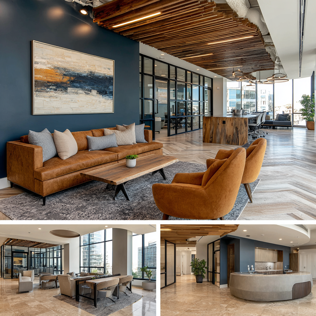 Modern commercial office interior in Long Beach featuring an open workspace, client reception, executive conference room, and employee lounge