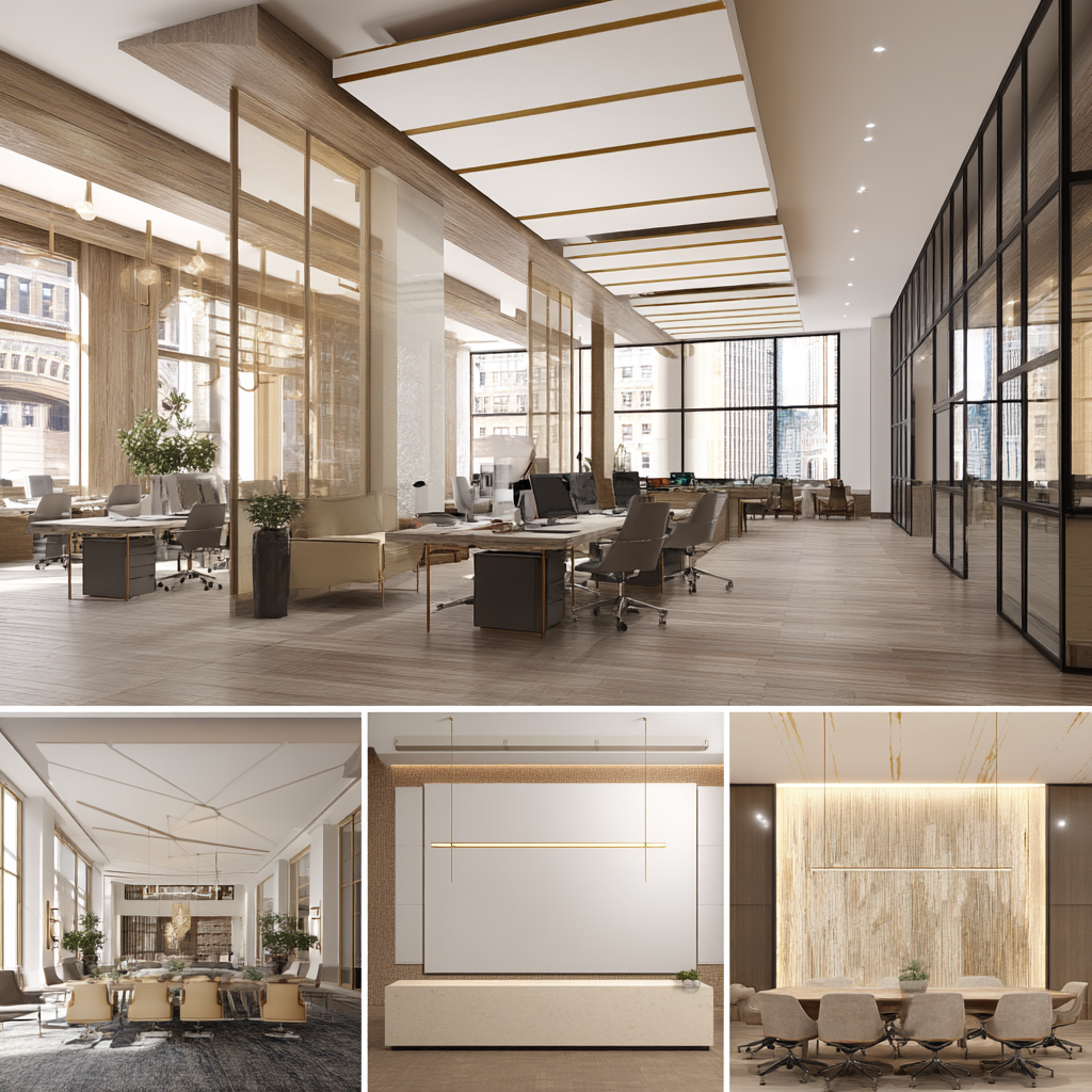 Modern commercial office interior featuring an open workspace, reception area, executive conference room, and employee lounge