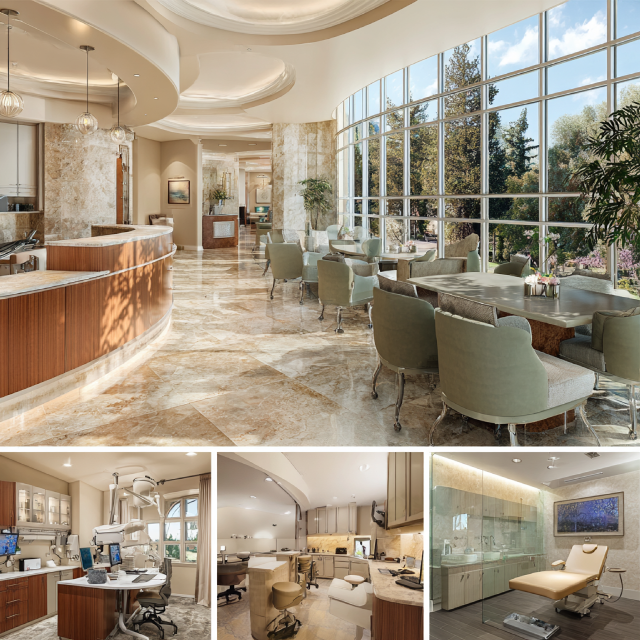 Modern healthcare clinic interior in Yorba Linda with sophisticated reception, medical exam room, consultation area, and advanced treatment space