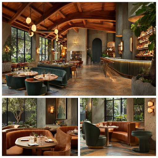 Modern luxury restaurant interior in La Habra featuring a main dining room, cocktail bar, private dining area, and stylish entrance lounge
