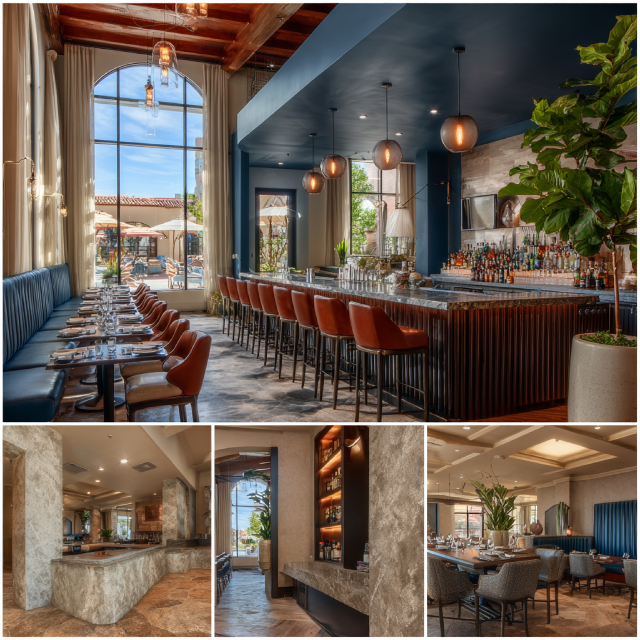 Modern luxury restaurant interior in Laguna Hills featuring a main dining room, cocktail bar, private dining room, and elegant entrance lounge