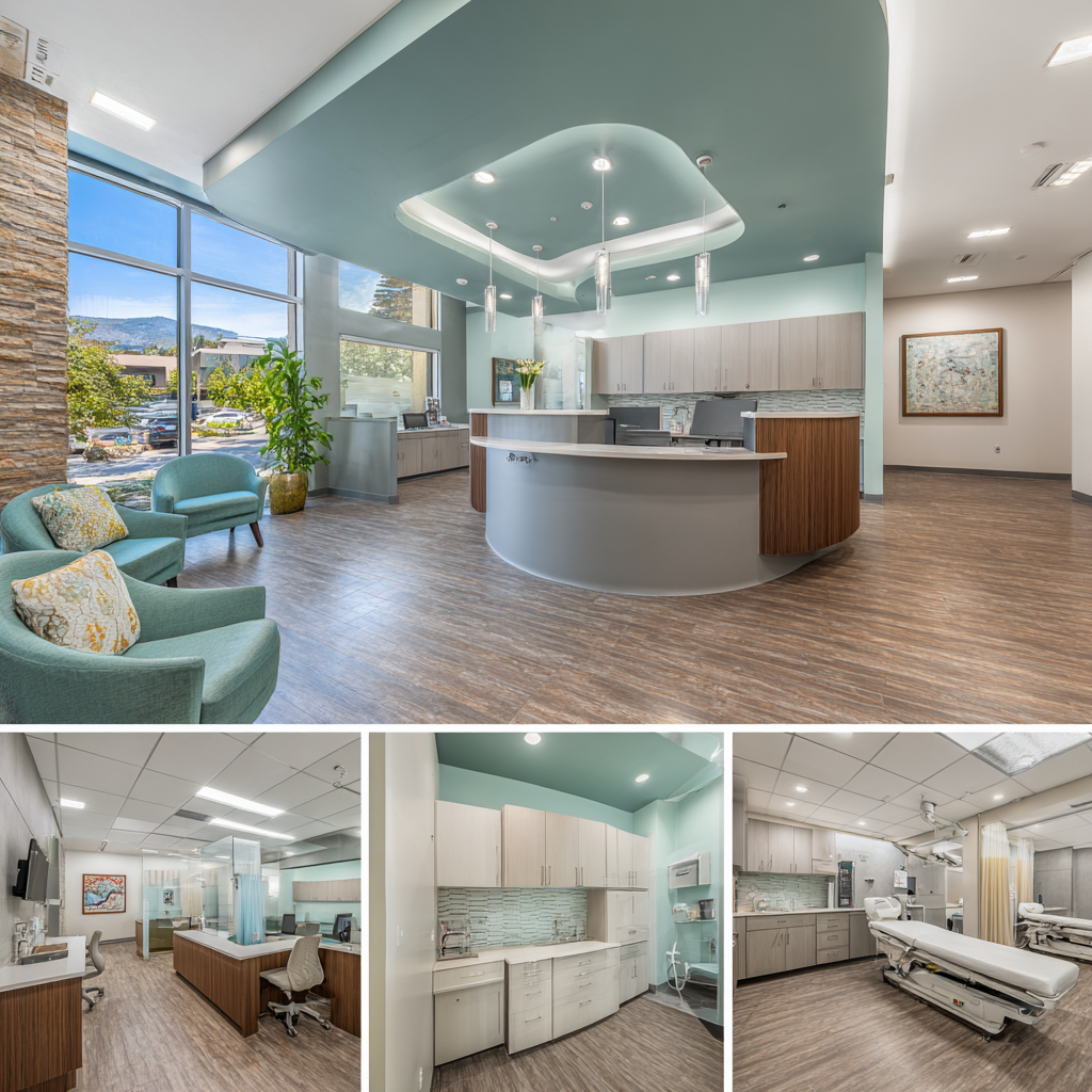 Modern medical center interior in Fullerton featuring a reception area, exam room, doctor consultation office, and treatment room