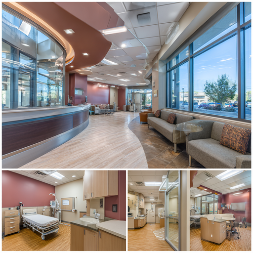 Modern medical center interior in Garden Grove featuring a reception area, exam room, doctor consultation office, and treatment room