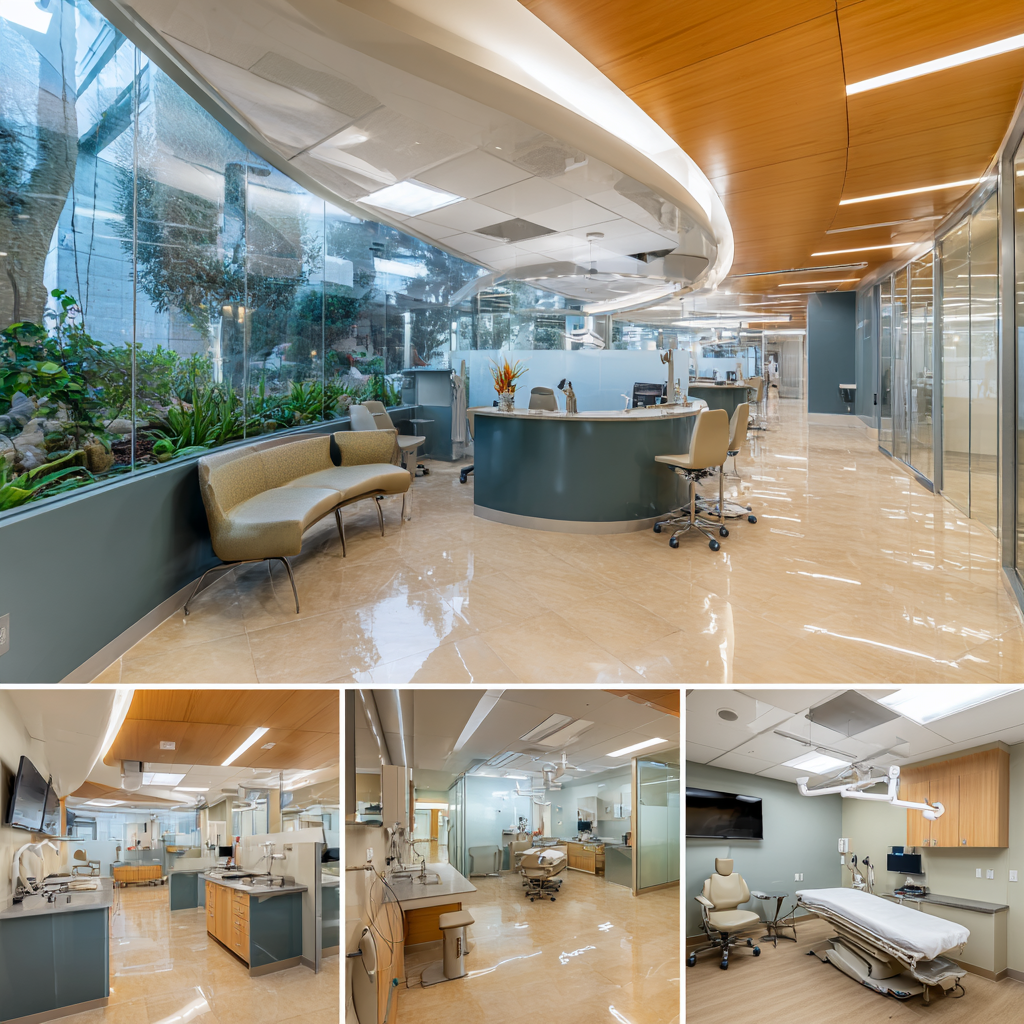 Modern medical center interior in Irvine featuring a reception lobby, examination room, physician consultation office, and treatment room