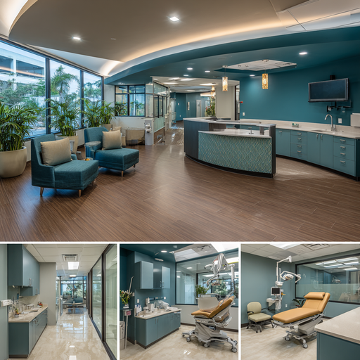 Modern medical center interior in La Habra featuring a reception area, examination room, doctor consultation office, and treatment room