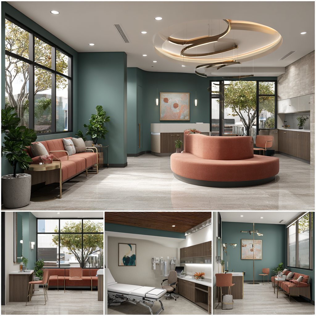 Modern medical center interior in La Palma featuring an elegant reception area, examination room, doctor consultation office, and treatment room