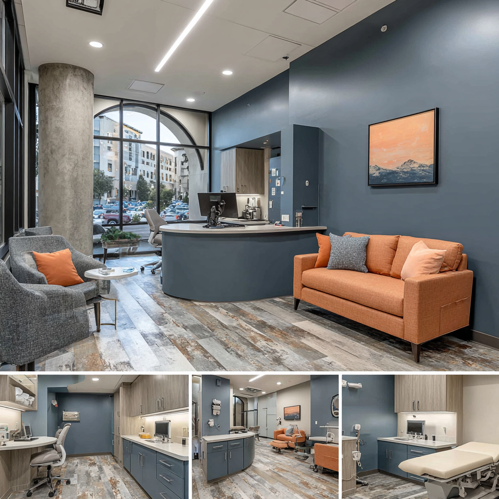 Modern medical center interior in Long Beach featuring a reception area, examination room, physician consultation office, and treatment room
