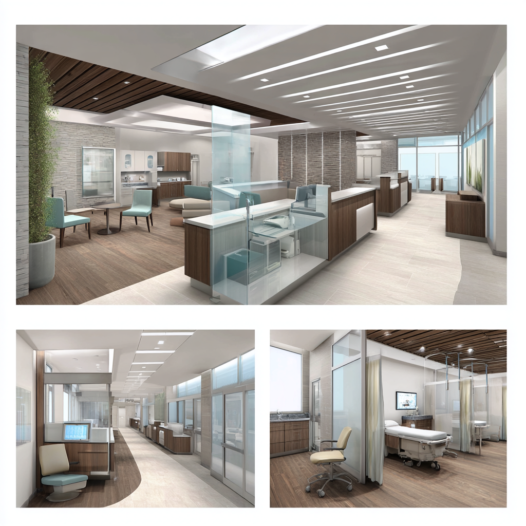 Modern medical clinic interior in Fountain Valley featuring a reception lobby, exam room, specialist consultation room, and minor procedure room