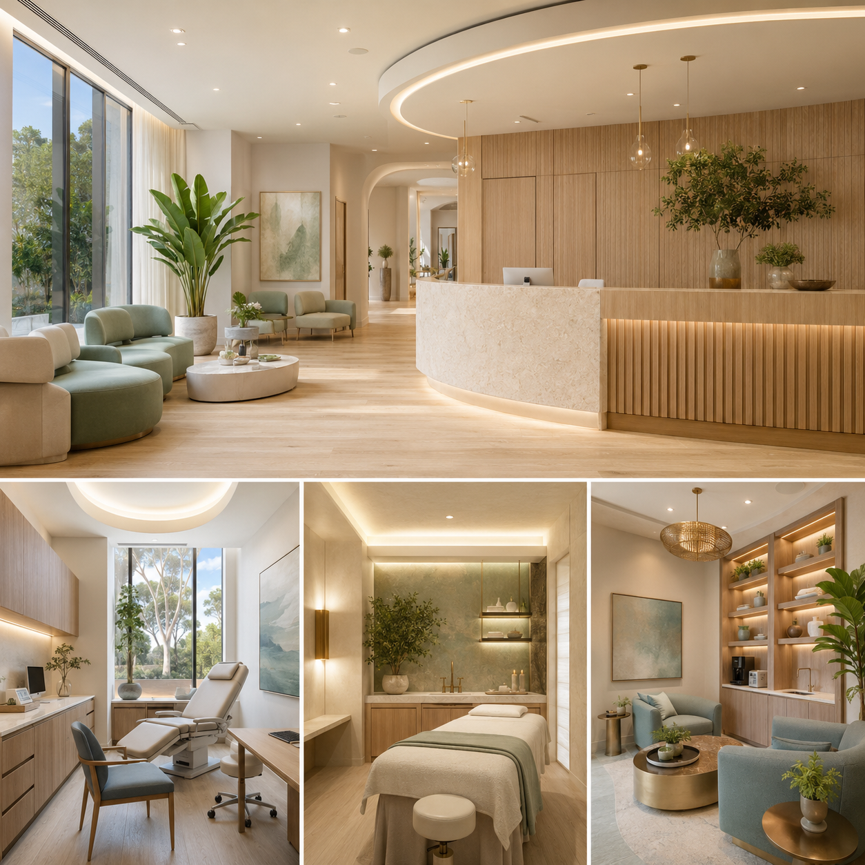 Modern medical office interior in Cypress featuring a reception area, consultation room, treatment room, and comfortable patient lounge