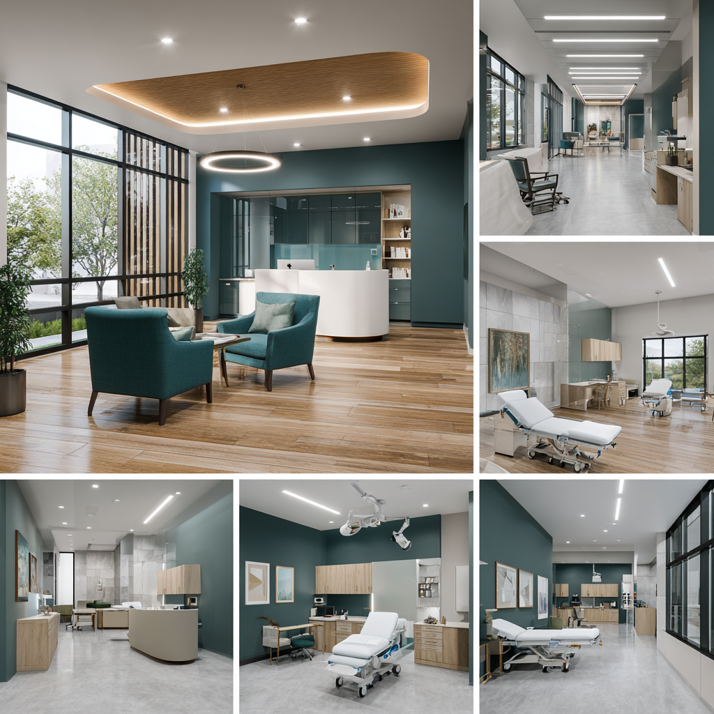 Modern medical office interior featuring a reception area, examination room, doctor consultation office, and treatment room