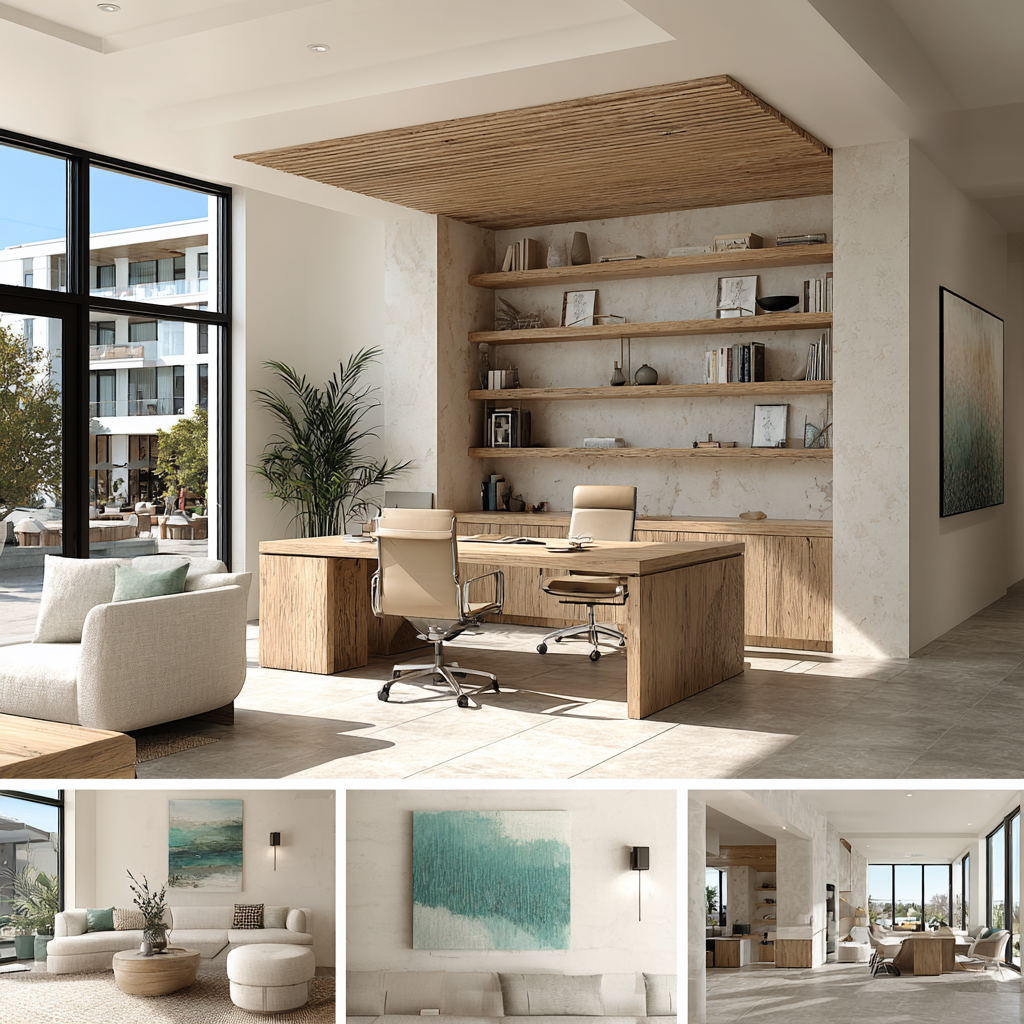 Modern office design in Laguna Beach, California with coastal-inspired finishes, collaborative workspaces, executive offices, and glass meeting rooms
