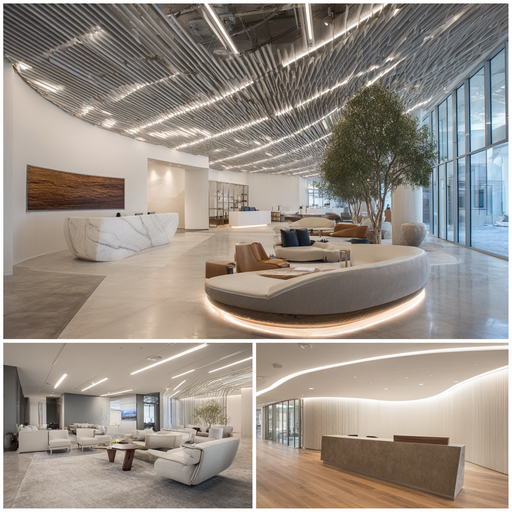 Modern office design in Irvine with collaborative workstations, client reception, conference room, and employee lounge