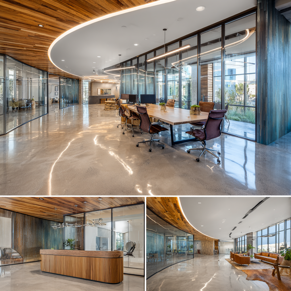 Modern office interior collage in La Verne featuring an open workspace, reception area, conference room, and employee lounge