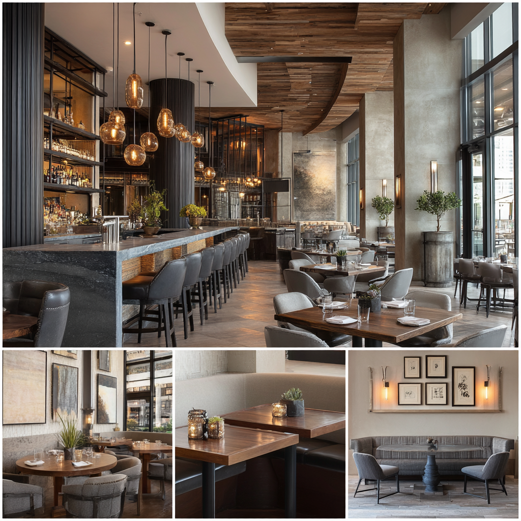 Modern restaurant interior in Covina featuring a main dining room, cocktail bar, private dining area, and stylish entrance lounge
