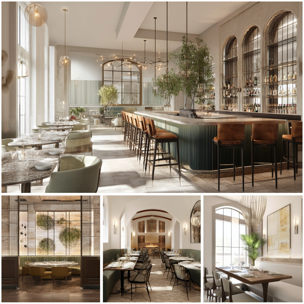 Modern restaurant interior in Fountain Valley featuring a main dining room, cocktail bar, private dining room, and elegant entrance lounge