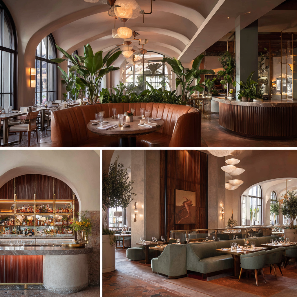 Modern upscale restaurant in La Palma with curved banquette seating, designer lighting, large windows, and a stylish hospitality atmosphere