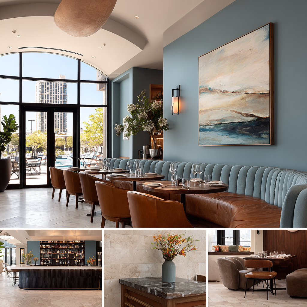 Modern restaurant interior in Long Beach with upscale dining area, designer bar, private dining room, and contemporary hospitality spaces