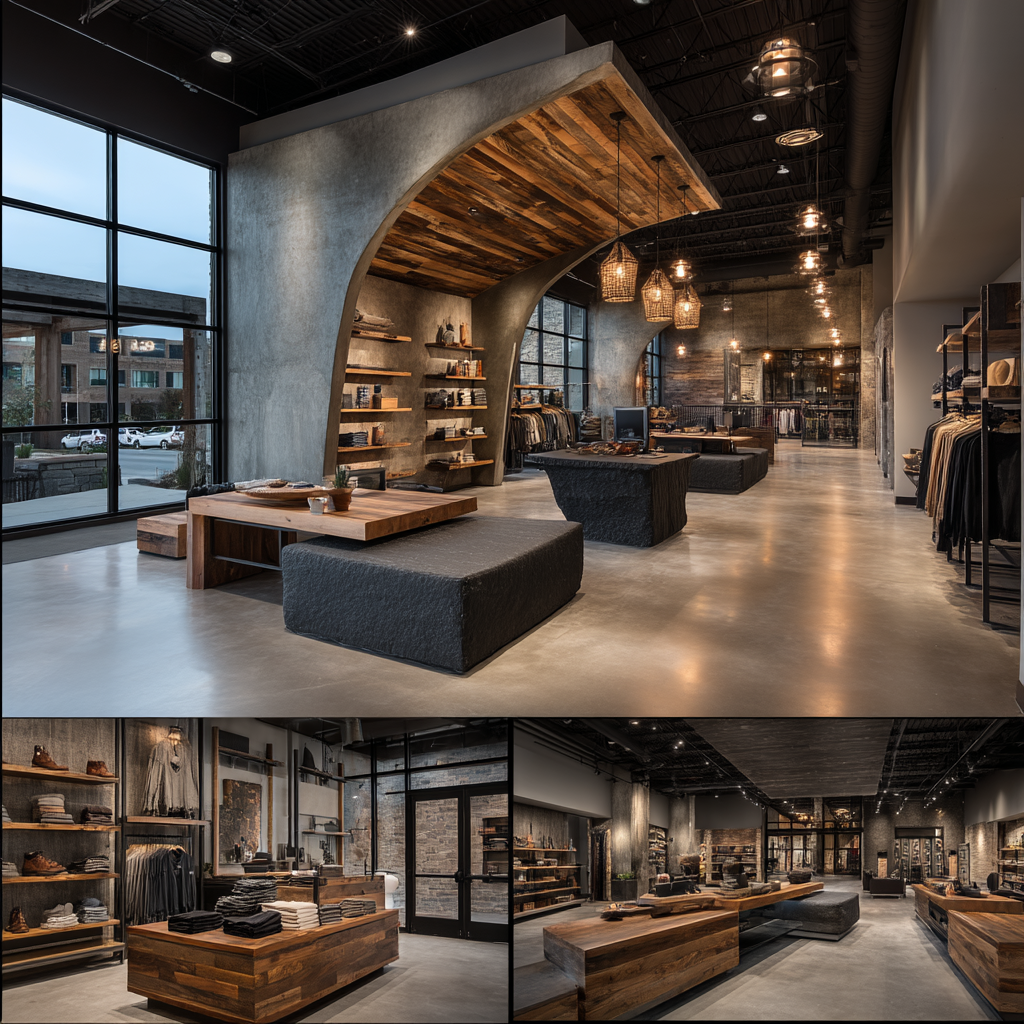 Modern retail store interior in Covina featuring a luxury sales floor, checkout area, product display zone, fitting area, and customer lounge
