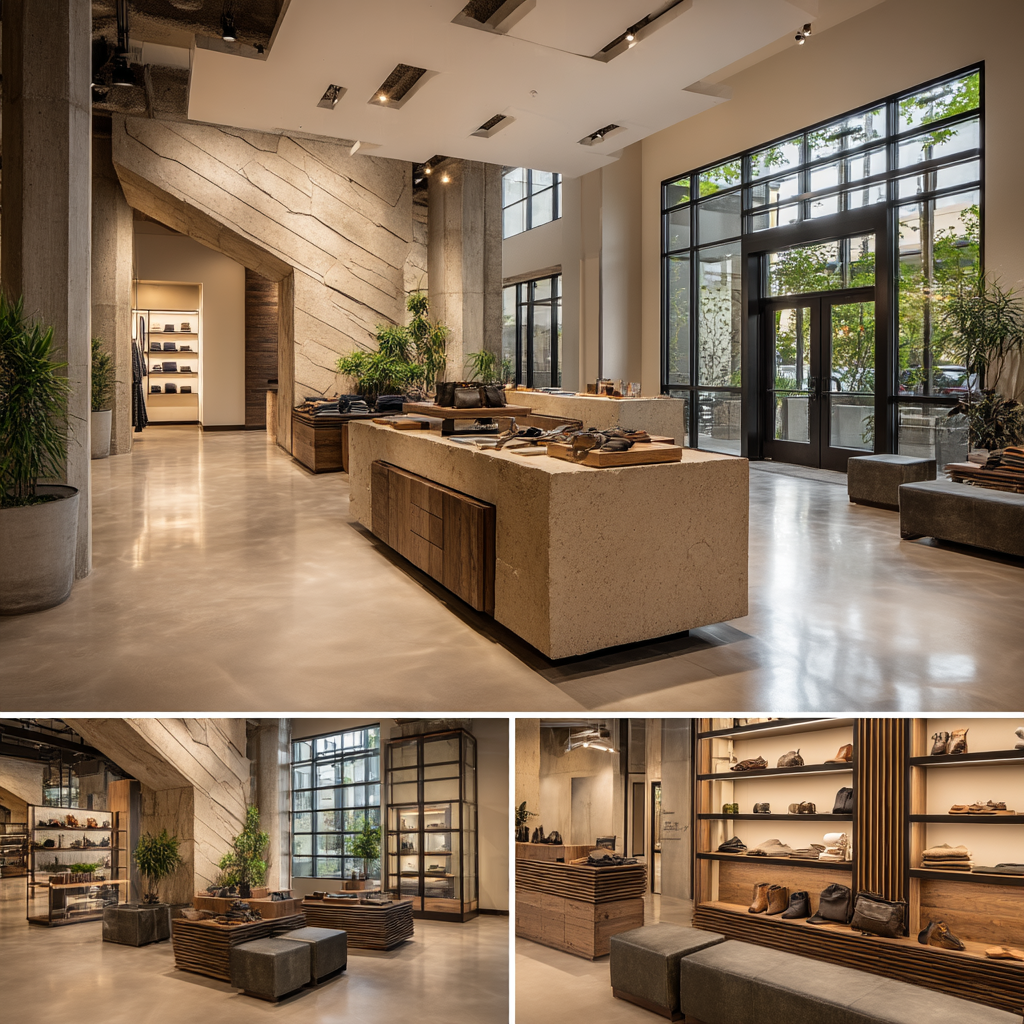 Modern retail store interior in Cypress featuring a luxury sales floor, checkout area, fitting space, and customer lounge with colorful contemporary finishes
