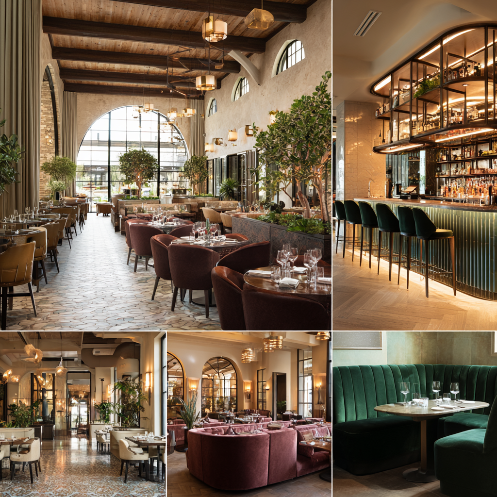 Modern upscale restaurant in Irvine with sculptural seating, illuminated cocktail bar, private dining room, and stylish waiting lounge