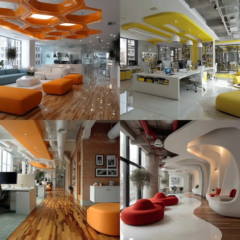 Contemporary office design with collaborative workstations, client reception, glass conference room, and stylish break area