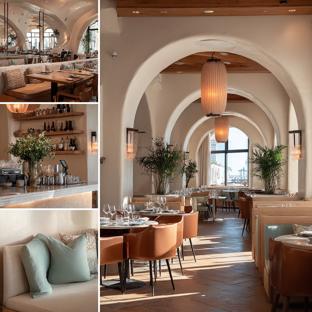 Premium restaurant interior collage in Laguna Beach featuring an elegant main dining room, stylish bar area, private dining space, and refined entrance reception