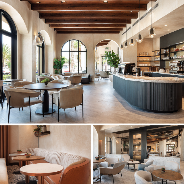 Luxury coffee shop interior design in Mission Viejo featuring elegant café seating, an espresso bar, social lounge, and modern grab-and-go area