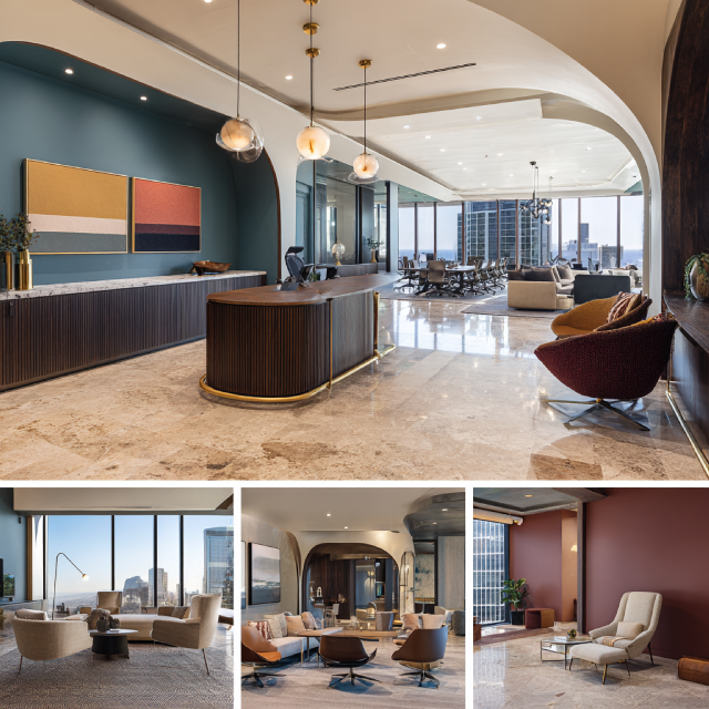 Luxury commercial office collage in Los Angeles with collaborative workstations, reception area, glass conference room, and hospitality-style employee lounge