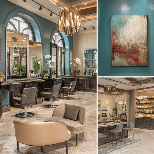 Luxury hair salon interior in Newport Beach featuring elegant styling stations, reception lounge, shampoo area, and sophisticated hair treatment space