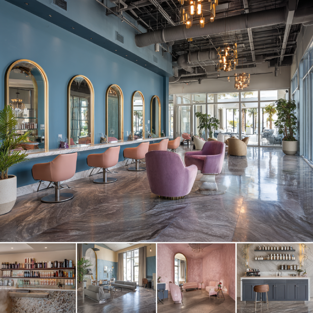 Luxury hair salon interior design in Orange County featuring styling stations, reception lounge, shampoo area, and modern hair treatment space