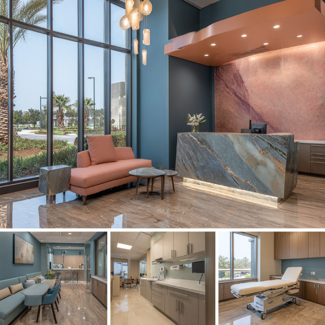 Luxury healthcare interior in Placentia with contemporary reception, patient lounge, physician office, exam room, and clinical treatment area