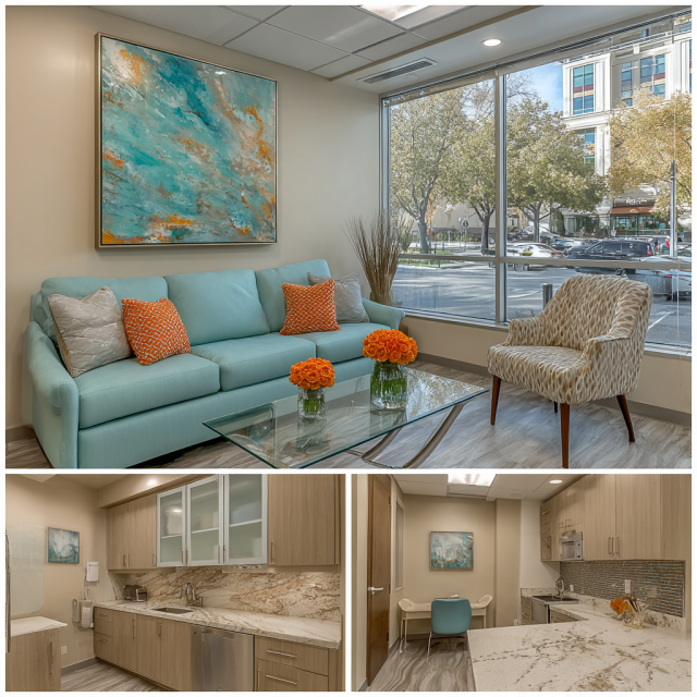 Luxury medical office collage in Westminster California with reception, lounge, physician office and treatment room.