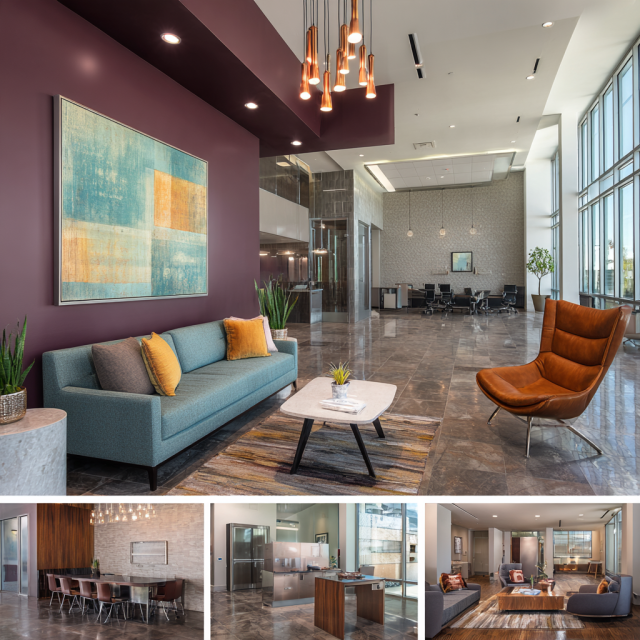 Luxury office interior design in West Covina with open workspace, elegant reception lounge, executive conference room and modern employee coffee area